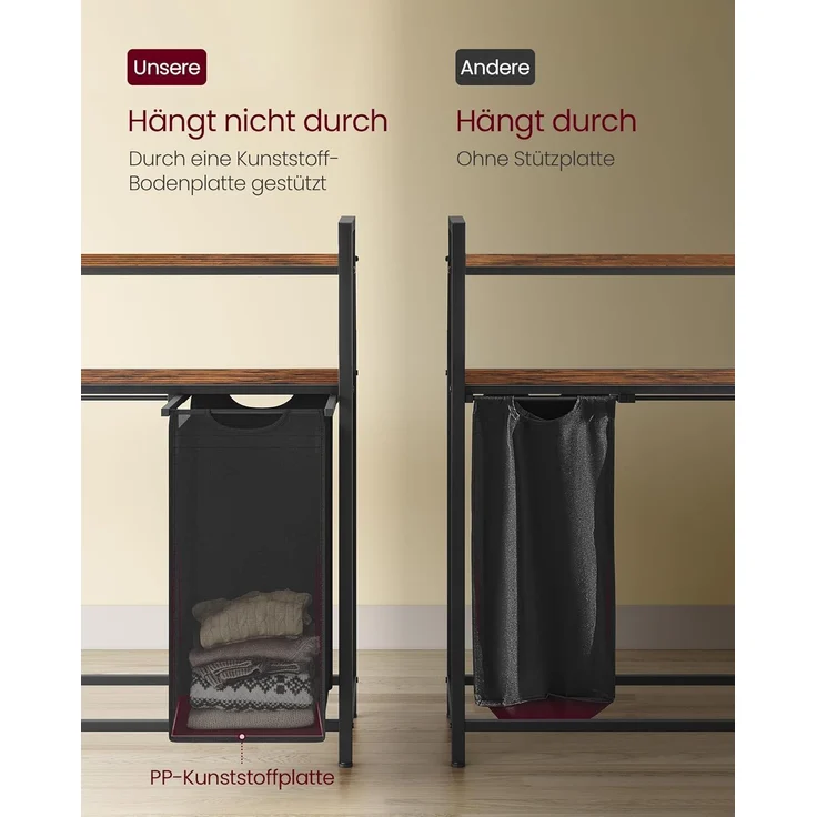 VASAGLE Wäschekorb 3 Fächer, Wäschesammler mit 2 Ablagen, Wäschesack ausziehbar und abnehmbar, pro Tasche 40 Liter, für Badezimmer, Waschküche, vintagebraun-schwarz – Bild 6