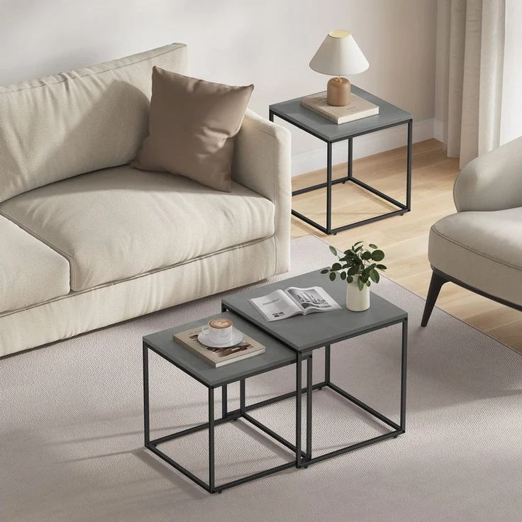 Home Collective Couchtisch 2er Set Beistelltisch Loft Design 2in1 Verschachtelung Wohnzimmer, kratzfeste Oberfläche 50&45cm Zement-Grau schwarzen Beinen quadratisch – Bild 2