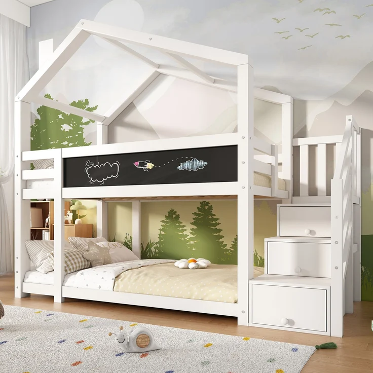 Kinder-Etagenbett "Baumhaus" 97x256x223 cm, Weiß, mit Tafel & Staufachtreppe – Bild 2
