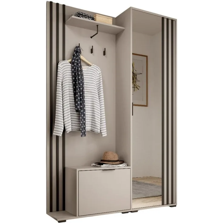 MOEBLO Kompaktgarderobe JOHN (Dielenschrank Wandschrank Regal Diele & Flur Kleiderschrank Schuhschrank, mit Spiegel Flurgarderobe Schrank Kompaktgarderobe), (BxHxT): 135x197x34cm