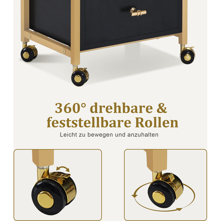 M MCombo Friseurwagen mit Rollen & 3 Schubladen, Rollwagen Servierwagen, Salon Trolley mit 2 Ablagen & Föhnhalter, Moderner Arbeitswagen für Bad Wohnzimmer, 30x40x95cm, 0022 (Schwarz-Gold) – Bild 4
