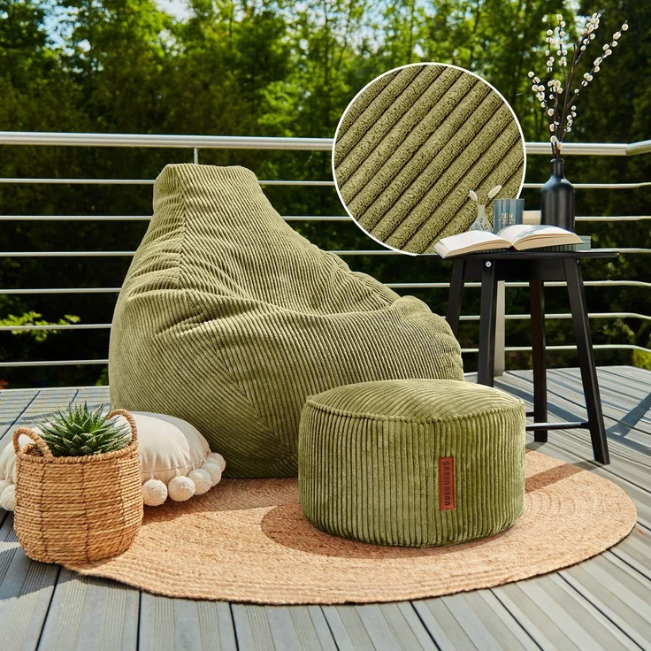 Green Bean® Sitzsack mit Hocker aus Cord - Sitzsäcke für das Wohnzimmer, Schlafzimmer, Sitzsack-Sessel für Erwachsene Grün – Bild 2
