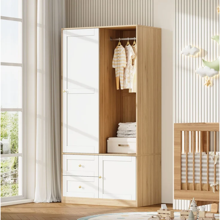CHICFURN Kleiderschrank 90x180x50 cm aus MDF mit Schiebetür und 2 Schubladen – Naturholzoptik/Weiß – Bild 3