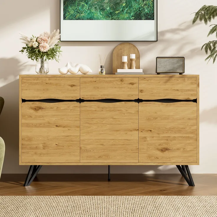 3-Türiges Sideboard 140x40x75,5 cm in Holzoptik mit Metallbeinen – Modernes Design, Viel Stauraum