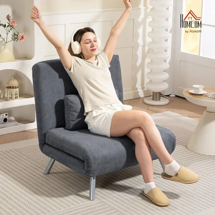HOMCOM Schlafsofa mit verstellbarer Rückenlehne, abnehmbar Kissen, Samtoptik, 3-in-1 Schlafsessel 1 Teile, bis 120 kg, für Wohnzimmer, Schlafzimmer Dunkelgrau – Bild 3
