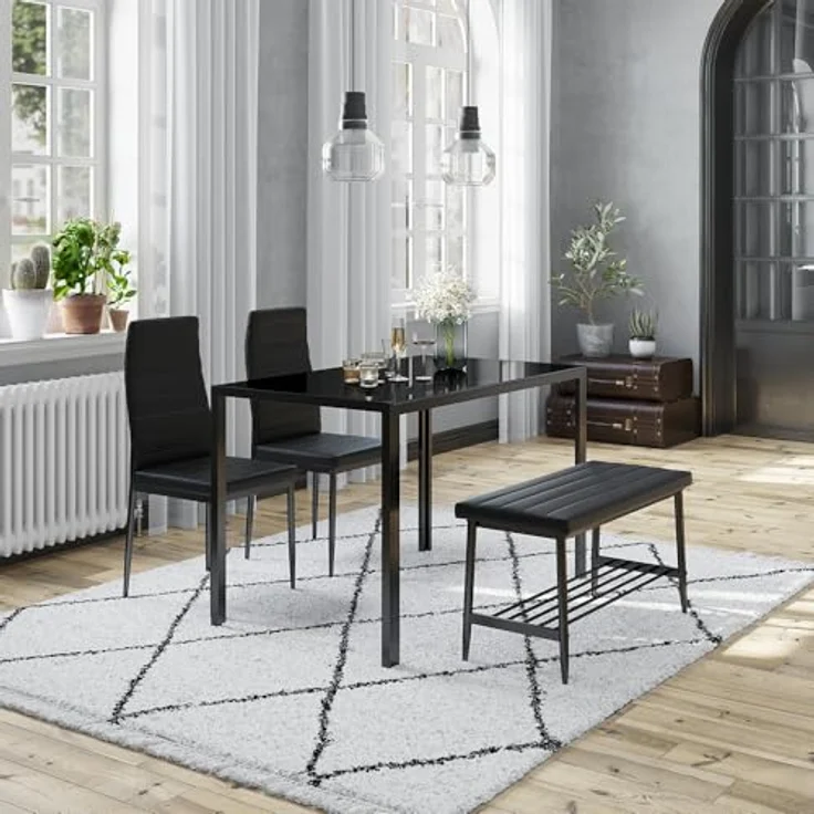 Vicco Esstisch-Set Grand, Schwarz, Rechteckiger Tisch 120x75x70 cm aus Glas und Metall mit Kunstlederbänken und Stühlen – Bild 4