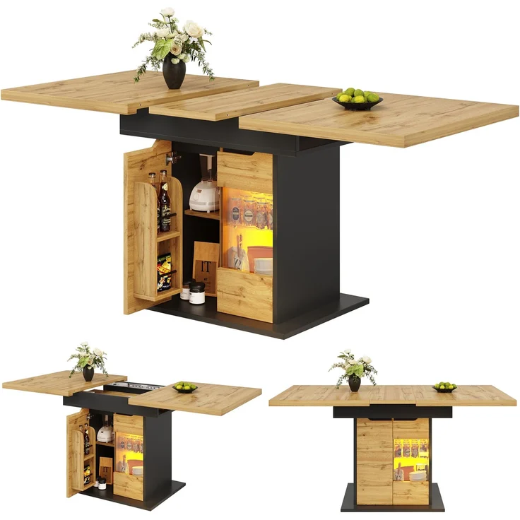 Esstisch Teleskoptisch(110-140×80cm), klappbarer Küchentisch für 4-6 Personen, Ausziehbarer Esstisch ,platzsparender Küchentisch, Tisch mit LED-Beleuchtung und Snackablage Schranktüren – Bild 9