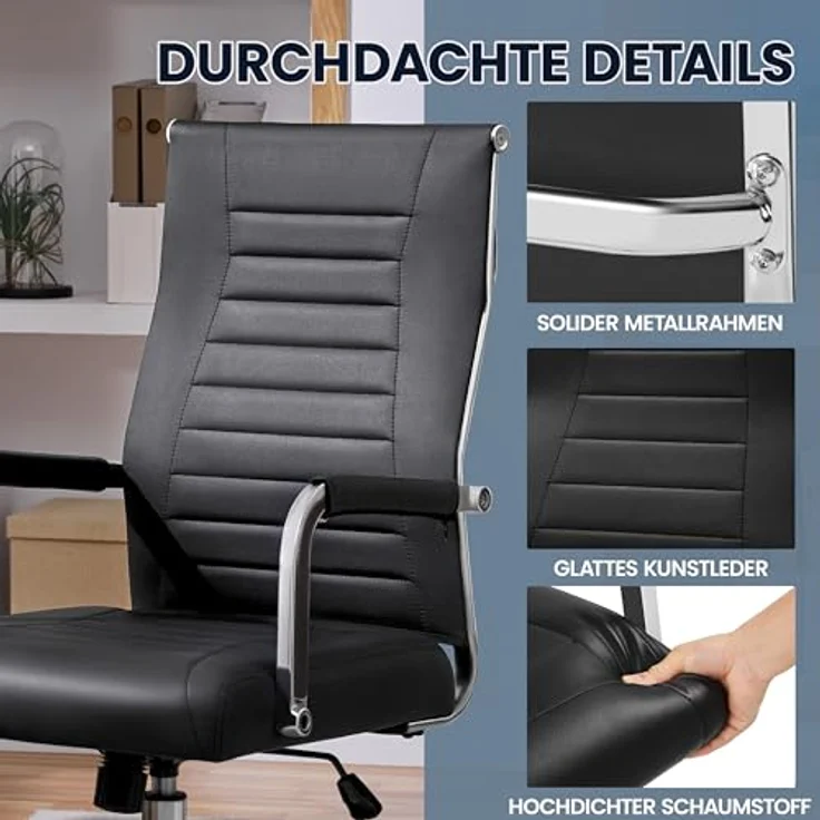 Yaheetech Bürostuhl ergonomischer Schreibtischstuhl mit Armlehnen, Chefsessel Computerstuhl hoher Rückenlehne, Arbeitsstuhl mit Wippfunktion bis 136 kg Belastbar Schwarz – Bild 8