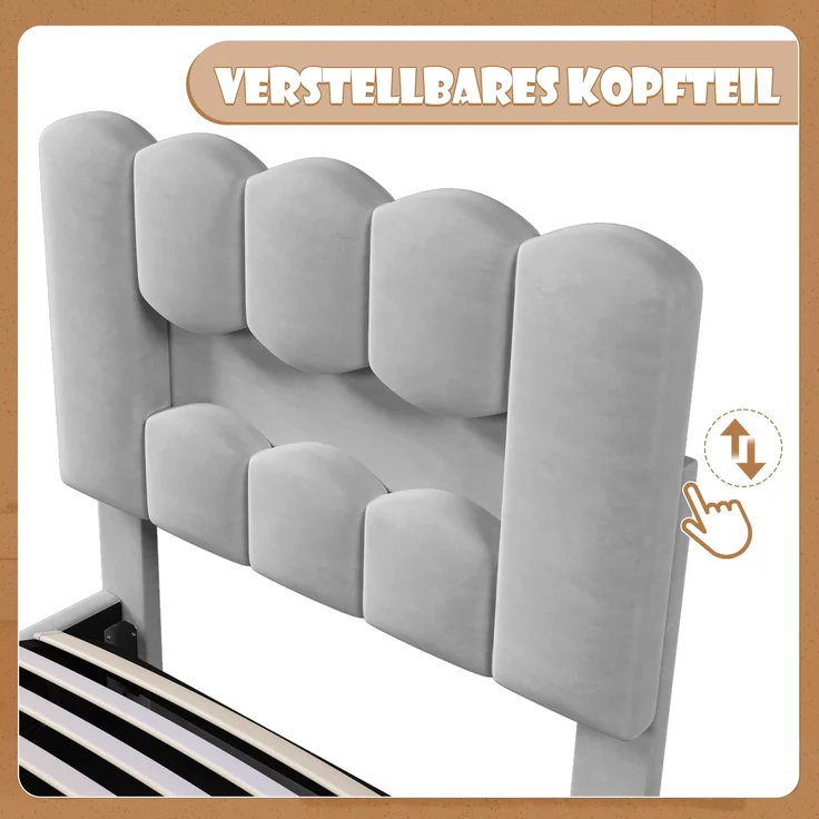 Polsterbett, LED, hydraulische Hebefunktion & verstellbares Kopfteil, Samt, Grau, 90 × 200 cm – Bild 3