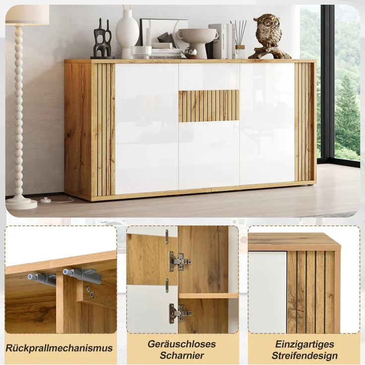 DESVIAE Sideboard Weiß/Naturholz aus MDF/Spanplatte – 140x71x35 cm – 3 Türen, 6 Fächer – Bild 6