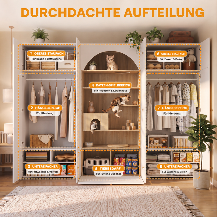 CHICFURN Kleiderschrank 270x200x50 cm mit Kleiderstange und Katzenkletterwand – Weiß/Holzoptik – Bild 4