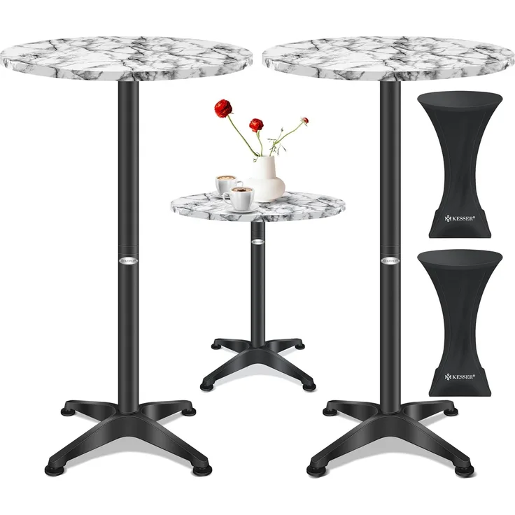 KESSER® 2in1 Stehtisch Bistrotisch Aluminium Edelstahlplatte | höhenverstellbar | 70cm / 115cm | Partytisch Tisch | In- & Outdoor | Hochzeit | Empfangstisch | 4 Standfüße und Regencover Marmor, Ø 80 cm, 2er Set
