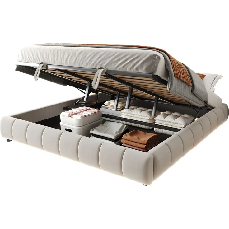 EINHOM Polsterbett 180 x 200 cm, ohne Kopfteil, mit LED-Lichtleiste (Einfarbig), Hydraulischer Schwebebettrahmen mit Stauraum, Einzelbett, Jugendbett, Beige (Ohne Matratze) – Bild 5