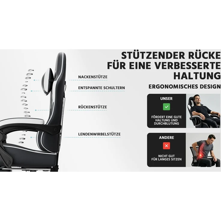Gamingstuhl aus PVC mit verstellbarer Rückenlehne, Fußstützen und Rollen, 58,5x63x120,5 cm, Schwarz/Weiß – Bild 9