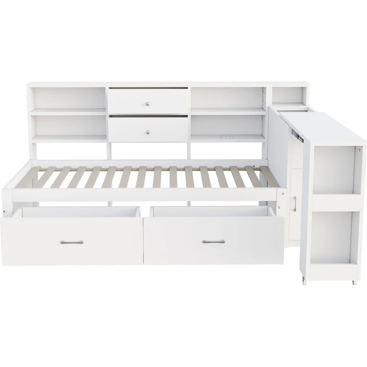 Merax Einzelbett, Jugendbett, Holzbett, Holzschlafsofa 90 x 200 cm, multifunktionaler Stauraum, 2 große Schubladen, Multifunktionssteckdose, ausziehbarer Schreibtisch, weiß – Bild 9