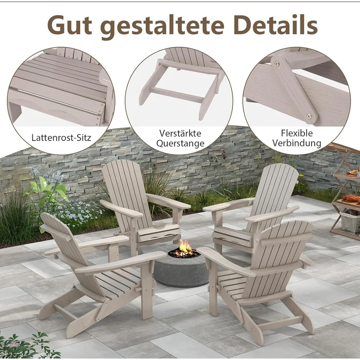 FANTASK 2er Set Adirondack-Stuhl von 51x46 cm, Gartensessel mit hoher Rückenlehne & Breiten Armlehnen, Chair aus Holz für Garten, Grau – Bild 3