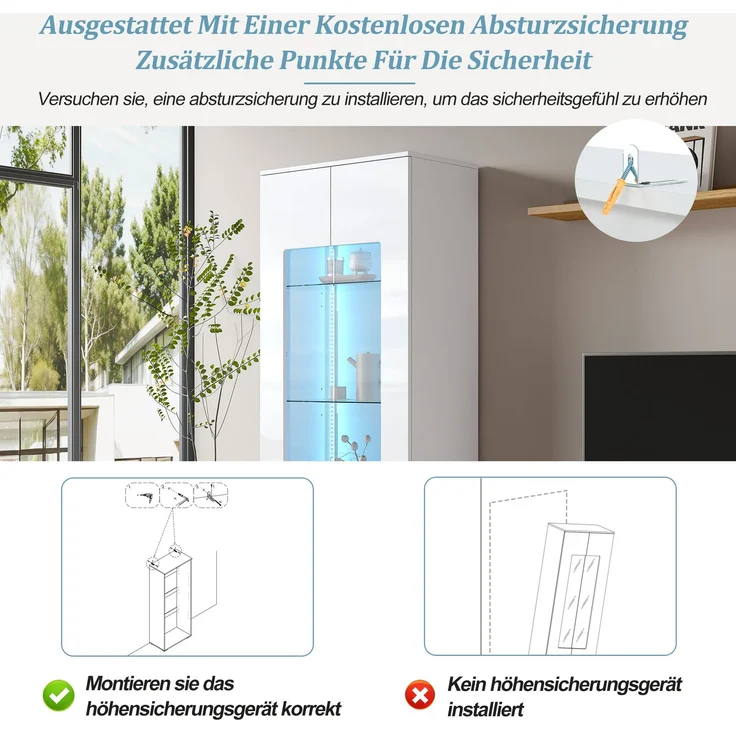 70*40*173cm Wohnzimmervitrine,Vitrine mit 2 Acryltüren,Hochglanzvitrine mit LED-Lichtleiste,Tragender Schrank aus gehärtetem Glas,Wohnzimmer breiter Schrank, Hochschrank,MDF, weiß – Bild 10