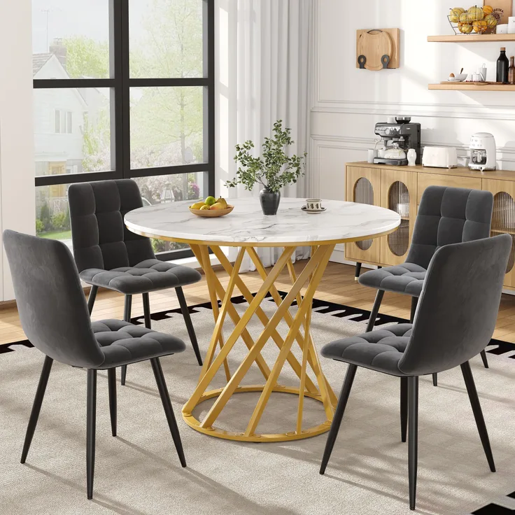 Esstisch-Set 5-tlg. Rund, Tisch 76x80 cm Marmoroptik, 4 Samt-Stühle Grau