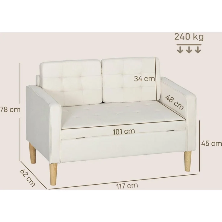 HOMCOM 2-Sitzer mit Stauraum, Knopfheftung 1 Teile, Kissen, 117 x 62 x 78 cm, Cremeweiß – Bild 3