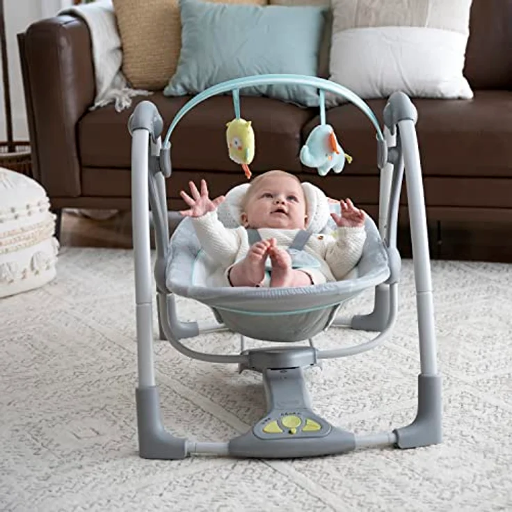 Ingenuity Hugs & Hoots zusammenklappbare & tragbare Babyschaukel, 5 Schaukelgeschwindigkeiten, 8 Melodien, 3 Naturgeräusche, Lautstärkeregulierung und abnehmbarem Spielzeugbügel, ab der Geburt bis 9kg – Bild 4