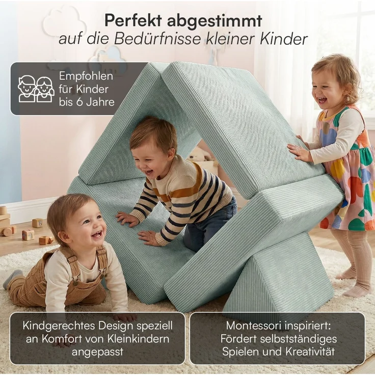 Bellabino 'Nile' Spielsofa mini, 4-tlg, Cord, türkis, faltbare Kindercouch, abnehmbarer & waschbarer Bezug, Kleinkindsofa aus Schaumstoff, bis 6 Jahre, Oeko-Tex zertifiziert – Bild 5