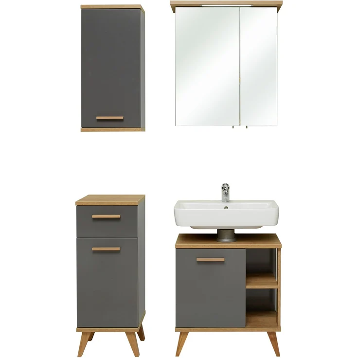Pelipal Badmöbel-Set, Quickset 924, Quarzgrau Glanz/Riviera Eiche - Waschbeckenunterschrank, Spiegelschrank, Unterschrank, Hängeschrank – Bild 3