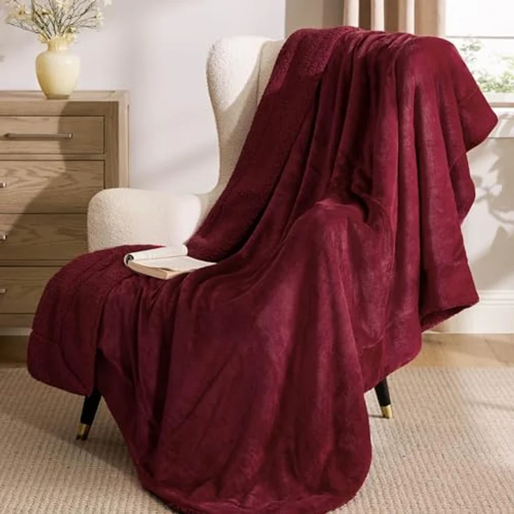 BEDSURE Decke Sofa Kuscheldecke Rot - warm Sherpa Sofaüberwurf Decke, Dicke Sofadecke Couchdecke, 150x200 cm XL Flauschige Wohndecke für Couch – Bild 5