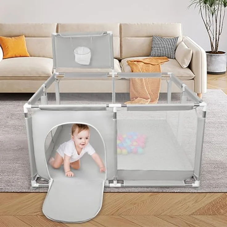 Laufstall aus Oxford-Stoff für kleine Kinder mit Barrieren und 50 Bällen, Basketballgestell, 4 Saugnäpfen, 126 x 126 x 66 cm, hellgrau – Bild 2