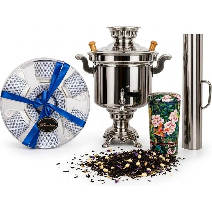 BIG-PAN Teeservice Traditionelles Samowar Komplettset 5L Edelstahl Rauchrohr Tassen (12-tlg), 6 Personen, Edelstahl, Porzellan, Holzkohle Teemaschine Schornstein Geschirr-Set Premium Ceylon Tee – Bild 1