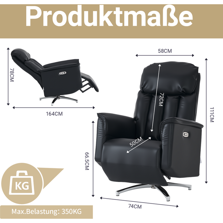HOME NATURE WOHNKONZEPT Elektrischer Relaxsessel mit USB-Anschluss, elektrisch verstellbarer TV-Sessel mit Liegefunktion, Kunstleder Schwarz, bis 350 kg, FT9202 – Bild 2