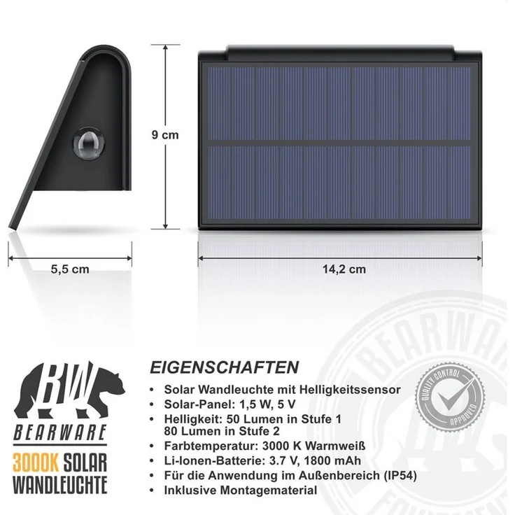 BEARWARE LED Solarleuchte Solar Wandleuchte für außen mit Akku & ohne Stromanschluss Wasserdicht, Ein-/Ausschalter, mehrere Helligkeitsstufen, LED fest verbaut, Warmweiß, 1800 mAh Akku, Solarpanel, IP54, wetterfest, für Außenmontage – Bild 2
