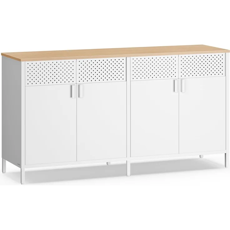 SONGMICS Aufbewahrungsschrank, Metallschrank, mit 4 Türen, Magnetverschluss, Verstellbarer Einlegeboden, Stahlgestell, 40 x 141 x 76 cm, wolkenweiß-eichenbeige LSC205WC01