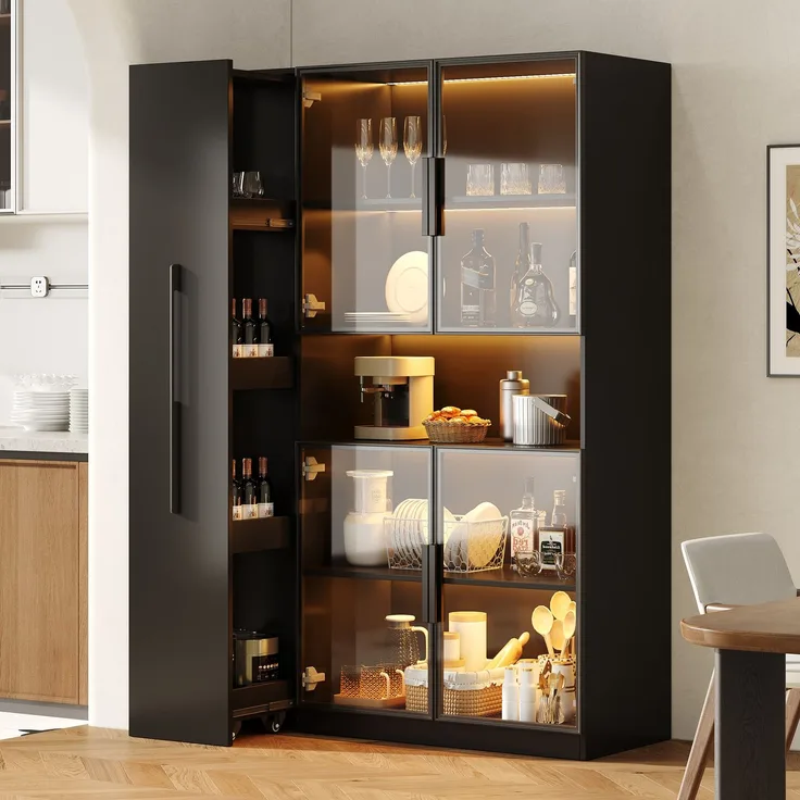 Vitrinenschrank 110x35x160 cm in Schwarz mit LED, Glasfront und Ausziehregalen