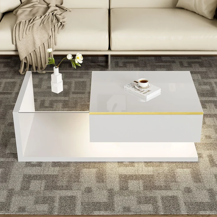 Couchtisch 100x50 cm Hochglanz Weiß LED Beleuchtung App Steuerung 16 Farben Glasplatte Wohnzimmer – Bild 3