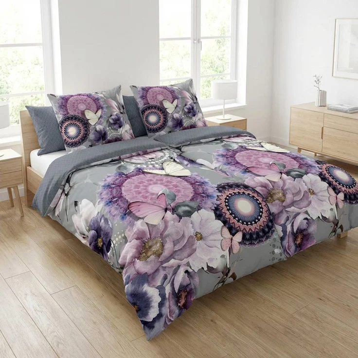 hip Bettwäsche Baumwolle, Renforcé, 2 teilig, lila Mandalas mit Blumen und Schmetterlingen, grau – Bild 1