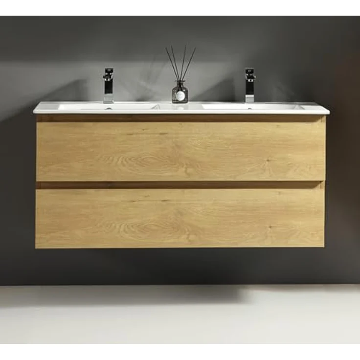 Alpenberger Badezimmer-Set Badezimmer Möbel Badschrank - Doppelwaschbecken mit Unterschrank, (Moderner Waschplatz, Keramik Waschbecken mit Überlauf), Doppelwaschtisch 120 cm Breit – Eiche Natur – Bild 4