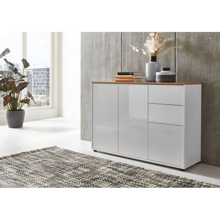 BMG Möbel Kommode Mailand 10 Artisan (in Weiß-Oberboden Artisan Eiche/Hochglanz Weiß), Schubladenkommode Anrichte Sideboard