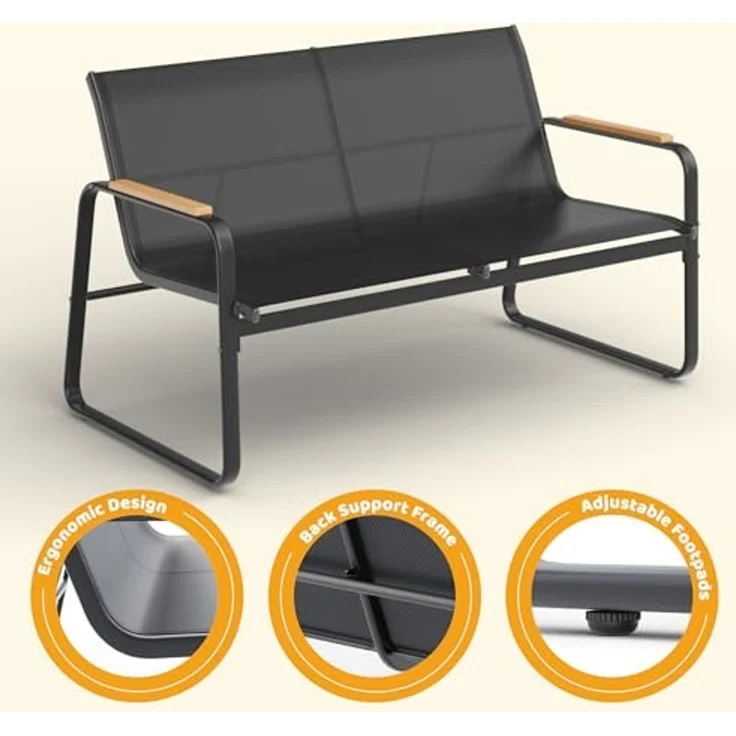 Mondeer Balkonset Gartenmöbel Set 4-tlg, (1 Tisch mit 1 Doppelstuhl 2 Einzelstühlen), Mesh-Gewebe & Holz-Kunststoff-Armlehnen, Schwarz – Bild 6