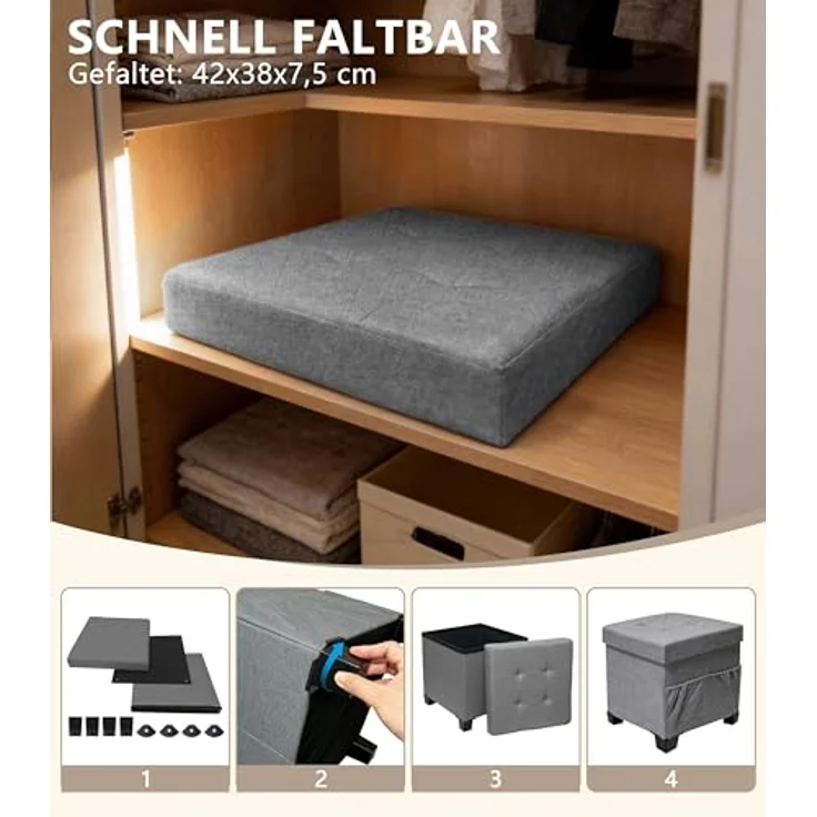 Zedelmaier Sitzhocker mit Stauraum, Hocker mit Holzfüßen,Aufbewahrungsbox mit Deckel,Fußhocker, bis 300 kg belastbar, für Eingang, Wohnzimmer, Schlafzimmer (Grau) – Bild 6