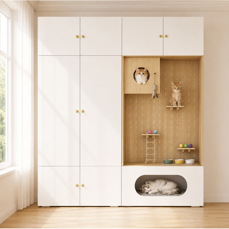 Kleiderschrank mit Katzenkletterwand 180 x 50 x 200 cm in Weiß und Holzoptik