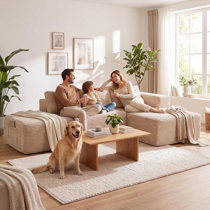 COMHOMA Ecksofa mit Schlaffunktion, 228cm Corduroy Modulares Boneless Couch mit Chaiselongue & Rücken-Metallgestell, L-Form Schlafsofa mit offenem Design, Kissen & Seitentaschen,für Wohnzimmer, Beige-L – Bild 6