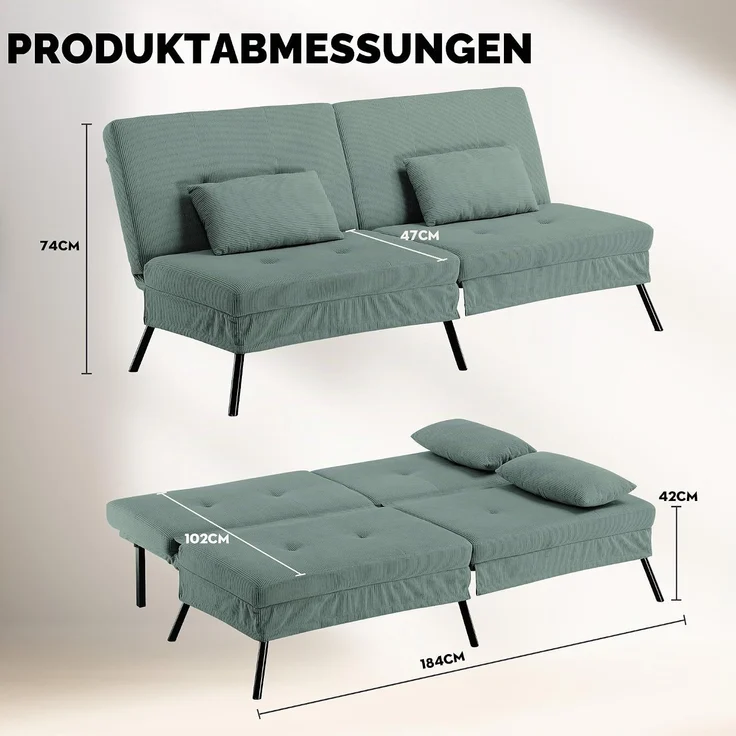 COMHOMA Sofa Schlafsofa mit Schlaffunktion, überzug Futon Klappsofa, Bettcouch, ecksofa, Couch Gästebett, 3-Sitzer Sofa, mit verstellbare Rückenlehne aus Cordstoff Grün – Bild 2