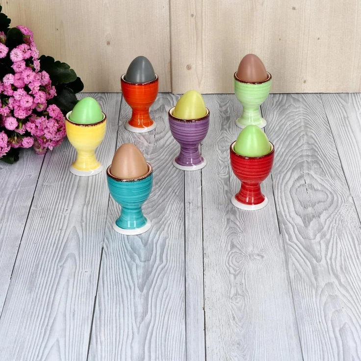 Uni bunt 6er Set Eierbecher blaue Eierhalter Eierständer Steingut Strudeldekor – Bild 4