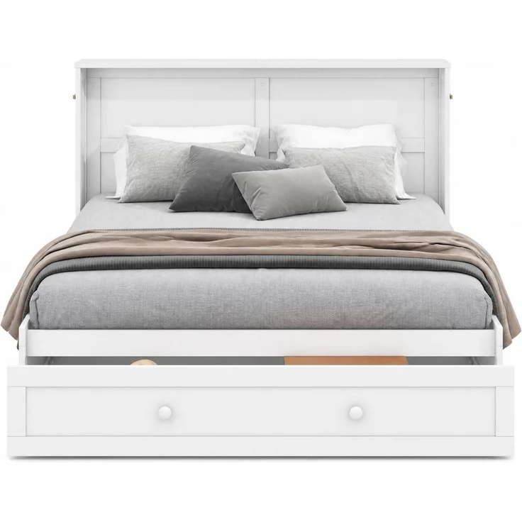 CHICFURN Bett aus Kiefernholz und MDF Weiß 140x200 cm, klappbar mit Schublade und Regalen – Bild 7