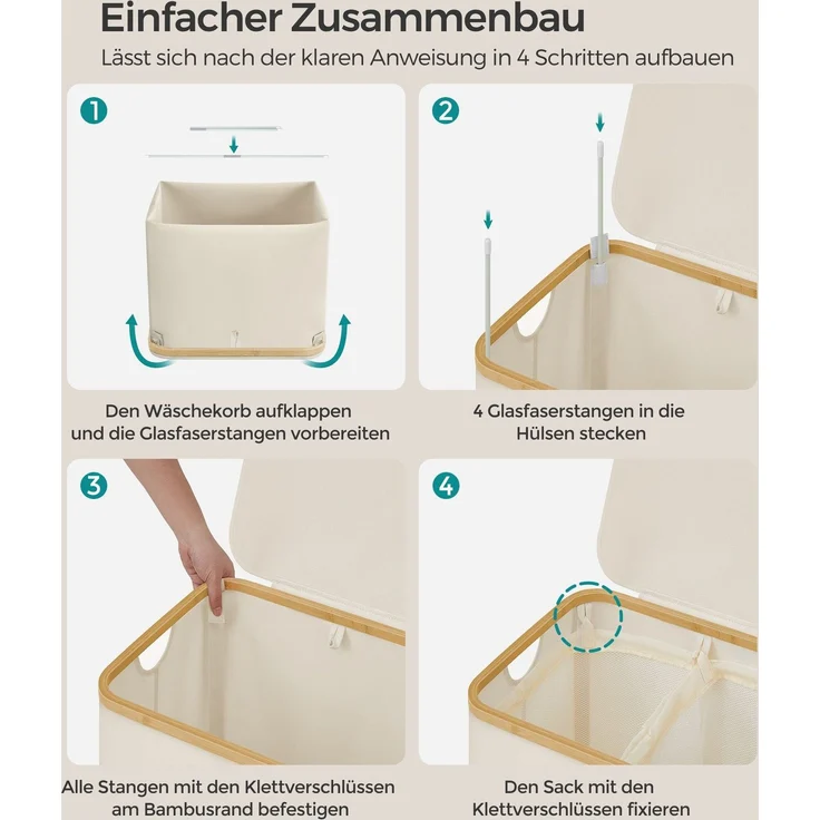 SONGMICS Wäschekorb mit Deckel und herausnehmbarem Wäschesack, zusammenklappbar, Bambus / Oxford-Gewebe cremeweiß, 130 l – Bild 4