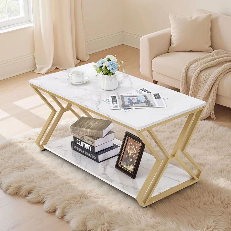 BarberPub Couchtisch Gold, Beistelltisch mit 2 Ablagen, Sofatisch aus Holz, Moderner Wohnzimmertisch Metall, Kaffeetisch für Wohnzimmer, Schönheitssalon, 2196 – Bild 2