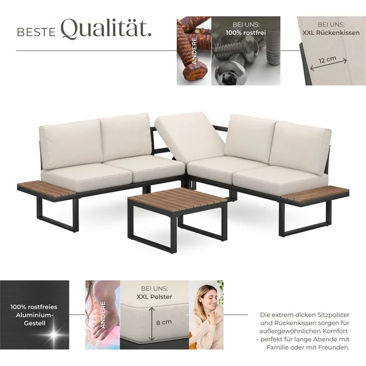 tectake Gartenlounge-Set Aluminium Garten-Lounge-Set, (Set, 1-tlg), Tisch und seitliche Ablageflächen aus robustem Polywood – Bild 2