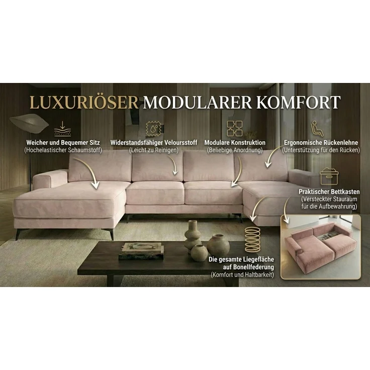 Ecksofa EINAR 362x170 cm mit Schlaffunktion, Bonellfederkern und Bettkasten, Farbe: Grün – Bild 8