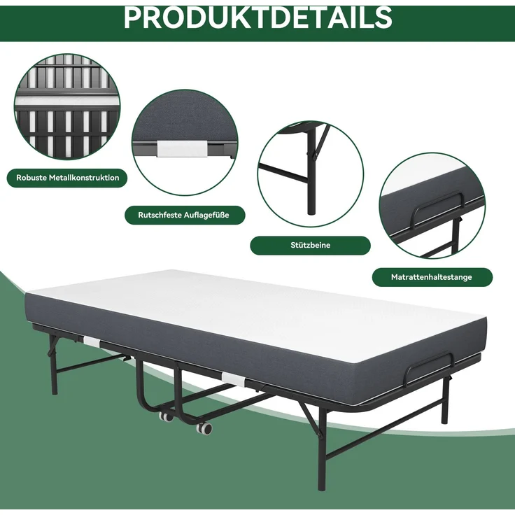 190 × 96 cm Klapp-Twin-Bett mit 9,5 cm Memory-Foam-Matratze, tragbares Gästebett/Rollbett, stabiler Metallrahmen--Schwarz--190x96x43cm--YOUDENOVA – Bild 7