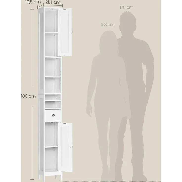 VASAGLE Badezimmerschrank, Badschrank, hoch, schmaler Aufbewahrungsschrank, mit verstellbaren Ablagen, Schublade, offenen Fächern, für kleine Räume, modern – Bild 3